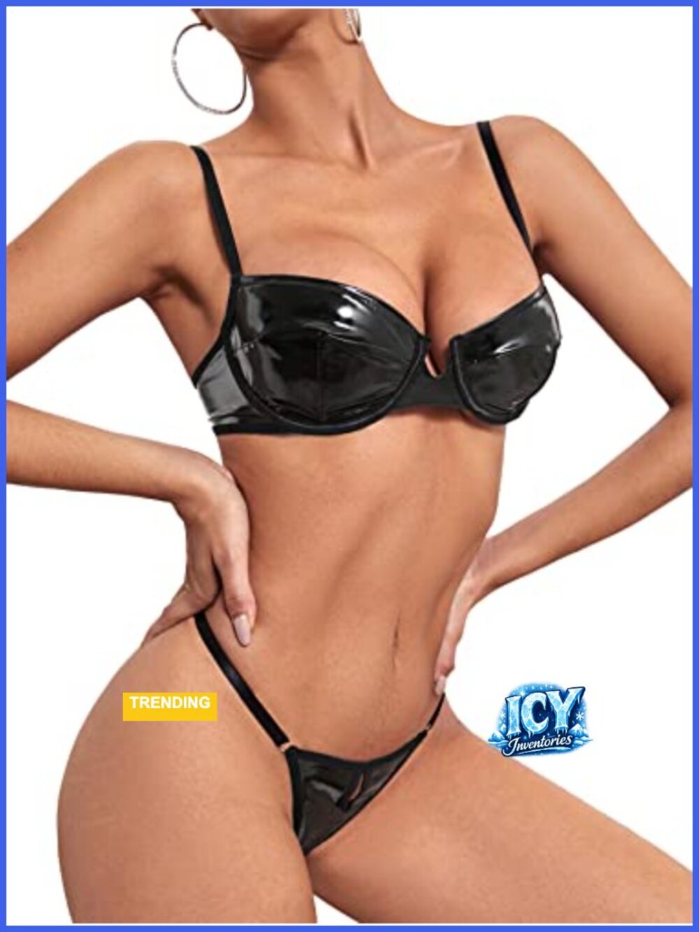 2 Piece PU Leather Underwire Lingerie Set with Thongs